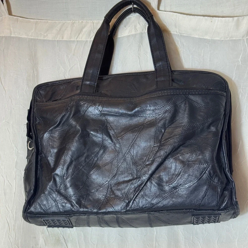 Patchwork Bonded Leather Briefcase Large Black Laptop Bag Professional